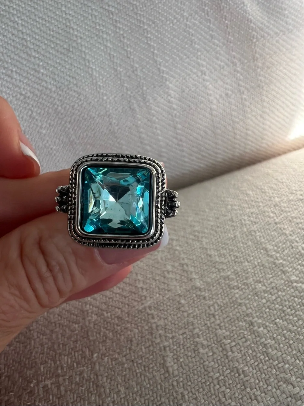 Sterling Silver Ring with Square Aqua Blue Gemstone